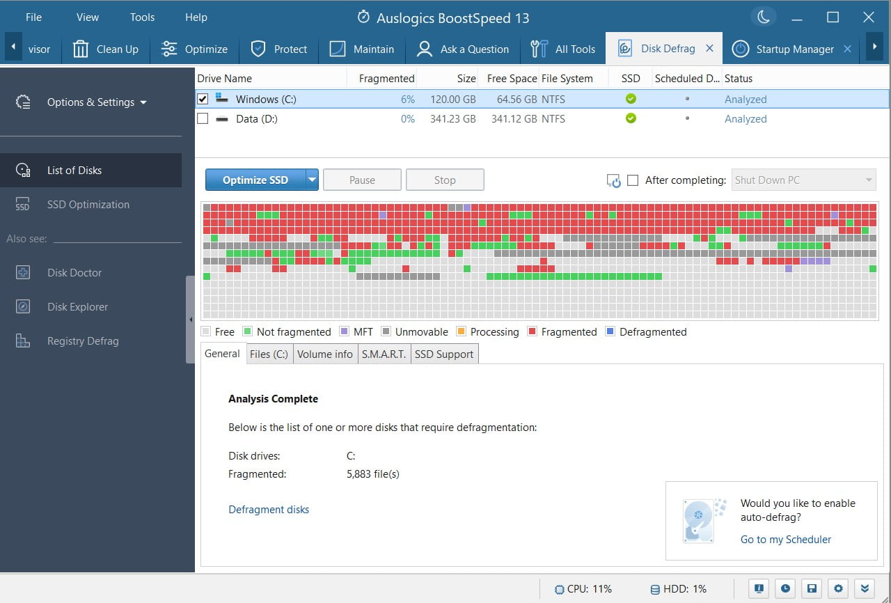 Auslogics Disk Difrag to consolidate fragmented files