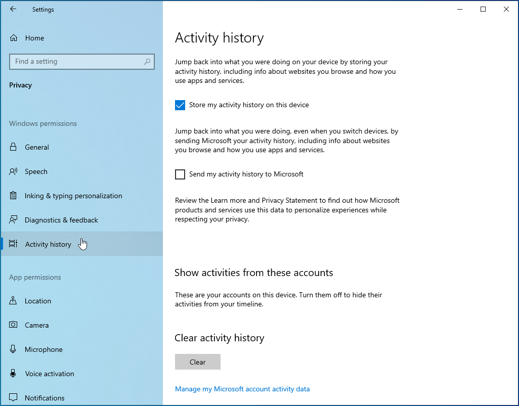 Navigate to Activity history.