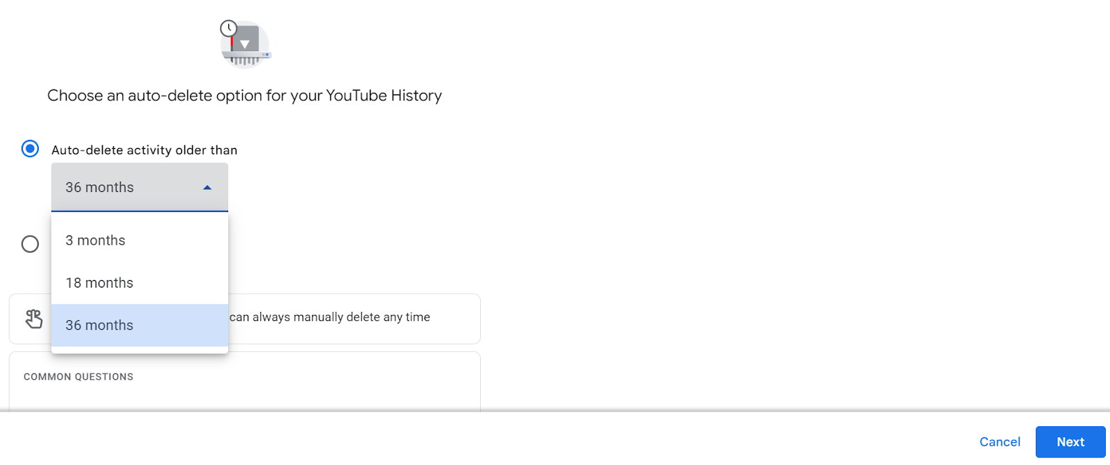 Choose an auto-delete option for your YouTube History