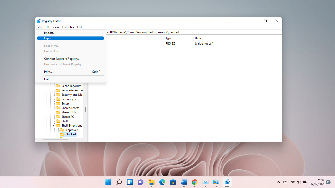 4. After the Registry Editor opens, click File >> Export