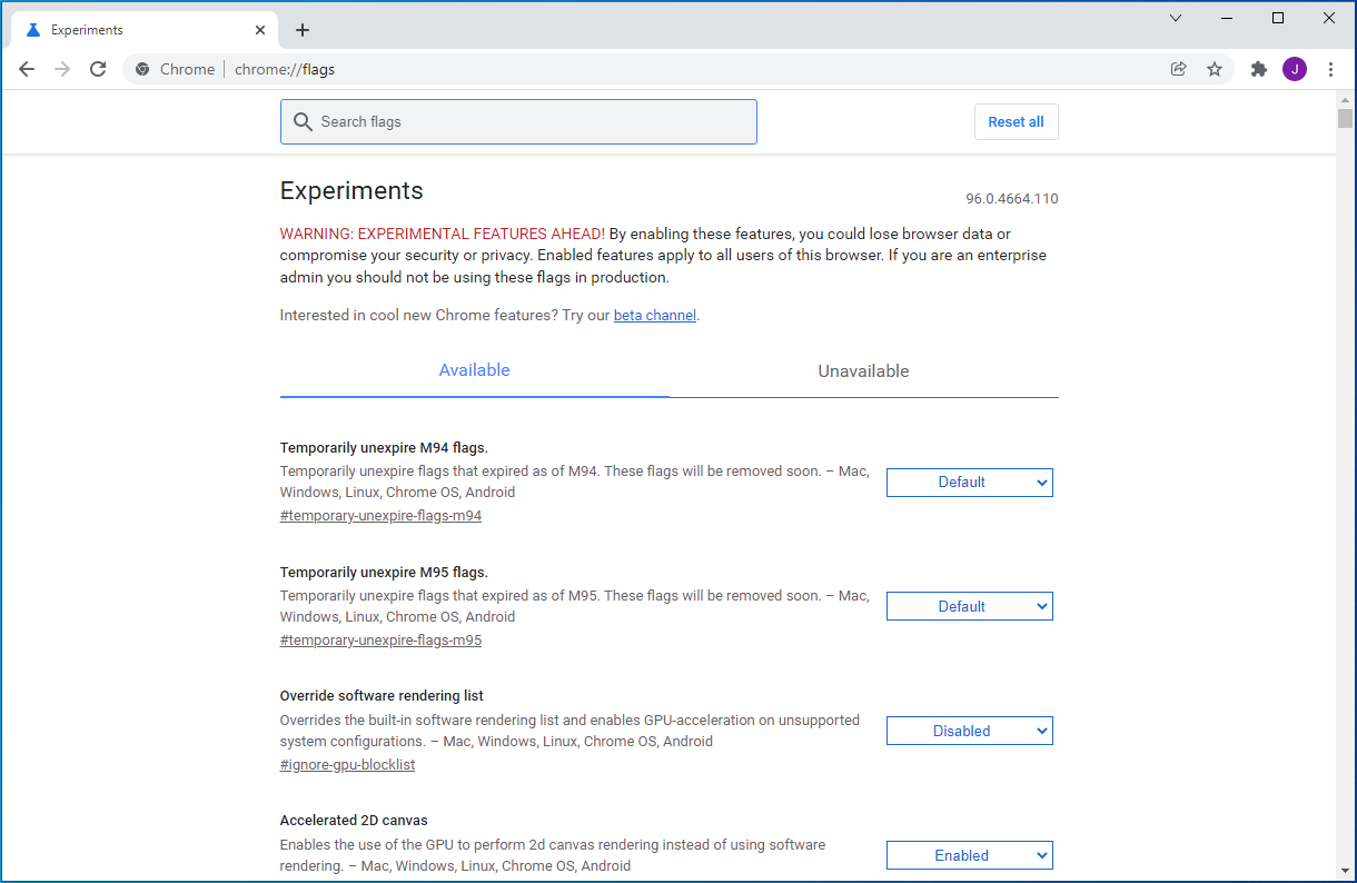 Chrome's Experiments page will open.