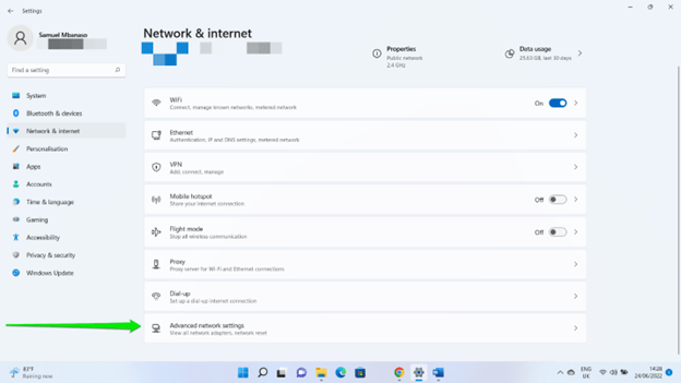 Click on Advanced Network Settings under the Network & Internet page on Windows 11