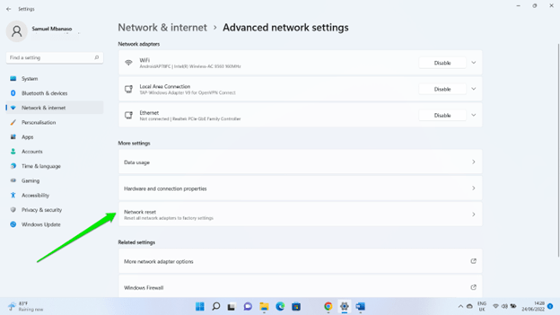 Click on Network Reset under More Settings
