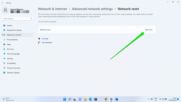 Click on Reset Now and select Yes in the confirmation dialog