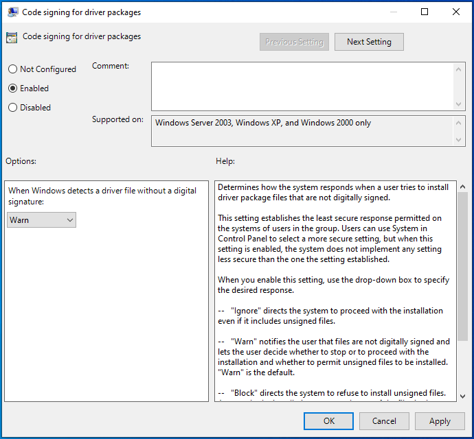 Enable code signing.