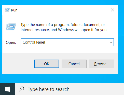 Type ‘Control Panel’ into Run and hit Enter.