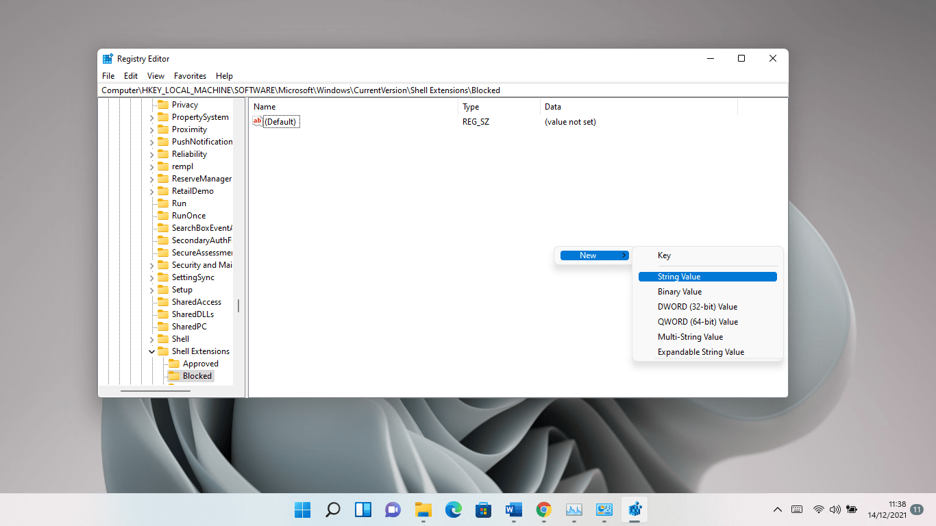 Set up a new string value in the Windows Registry