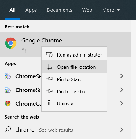 Right-click on Google Chrome and click "Open file location".