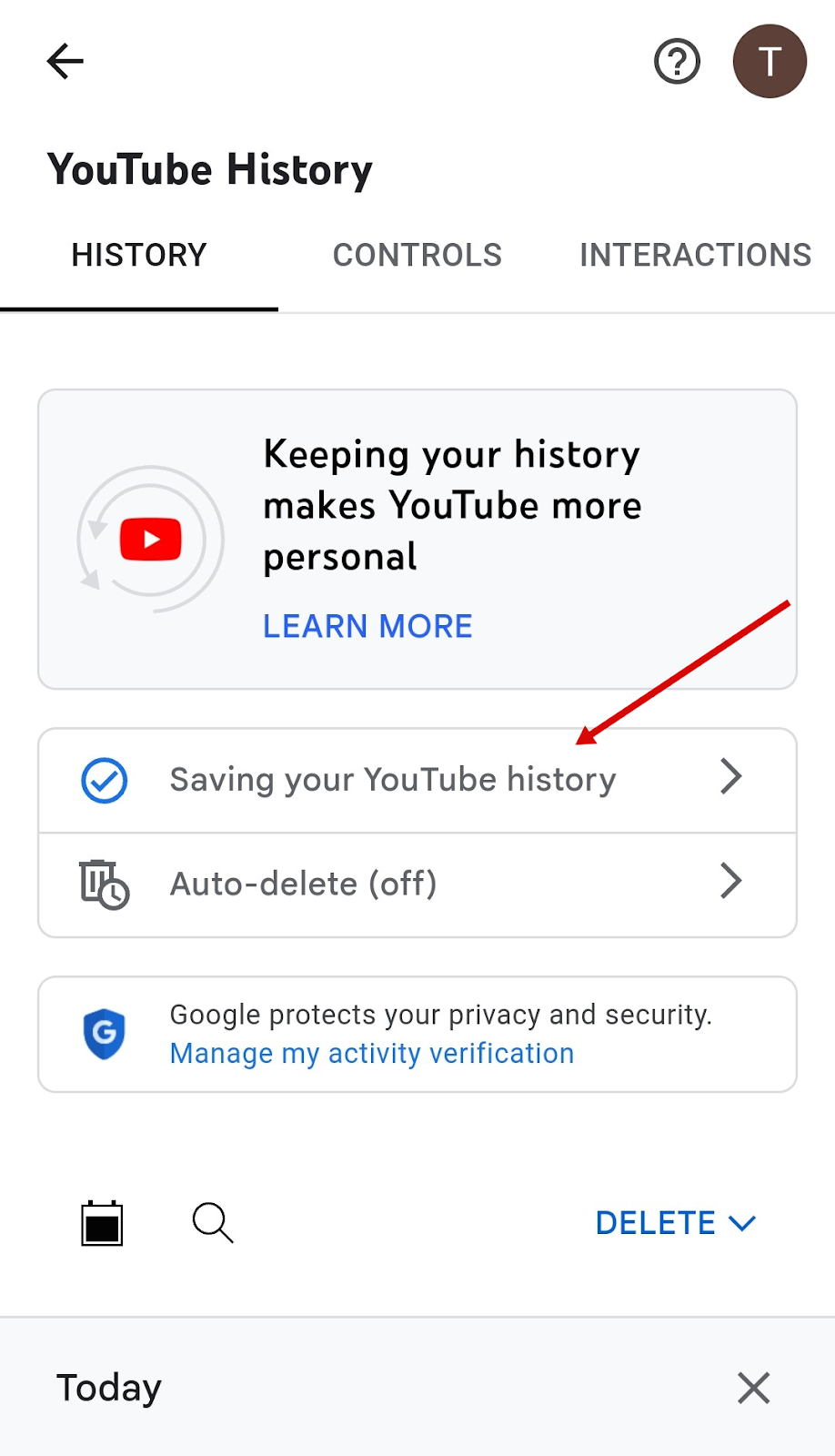 pause your YouTube search and watch history on the YouTube app