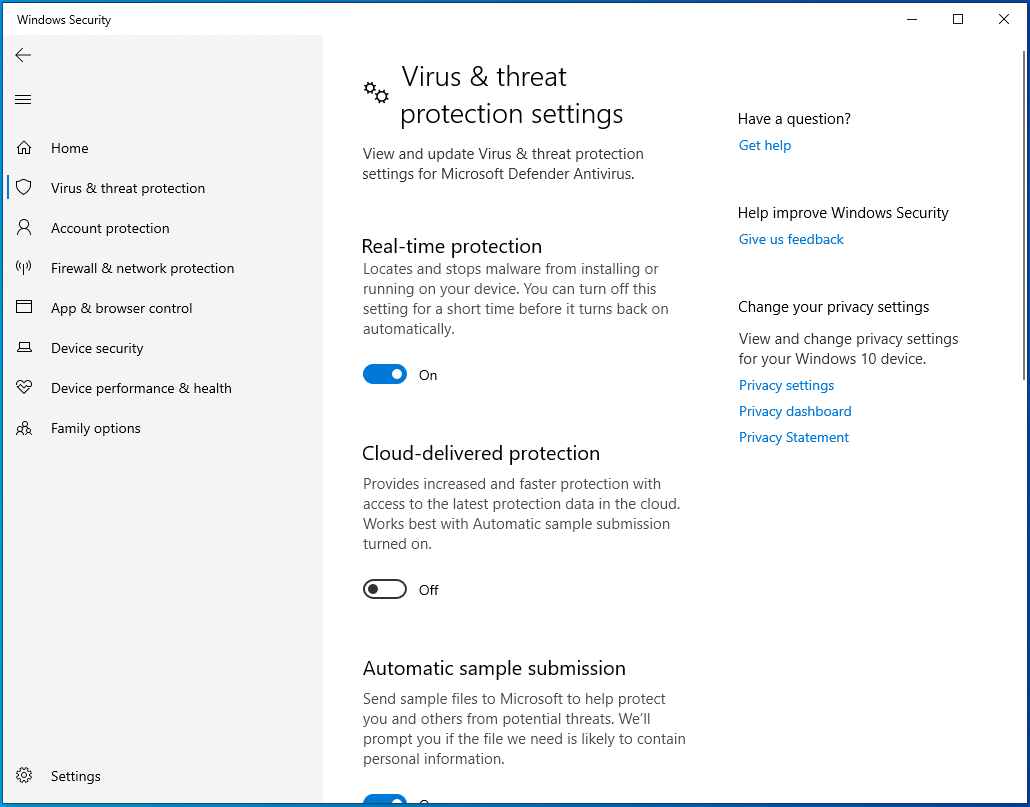 Set “Real-time protection” to Off.