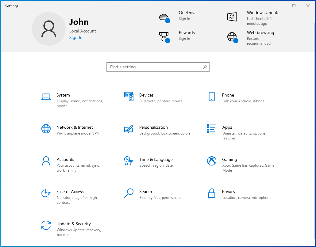 Open the Settings app on Windows 10.