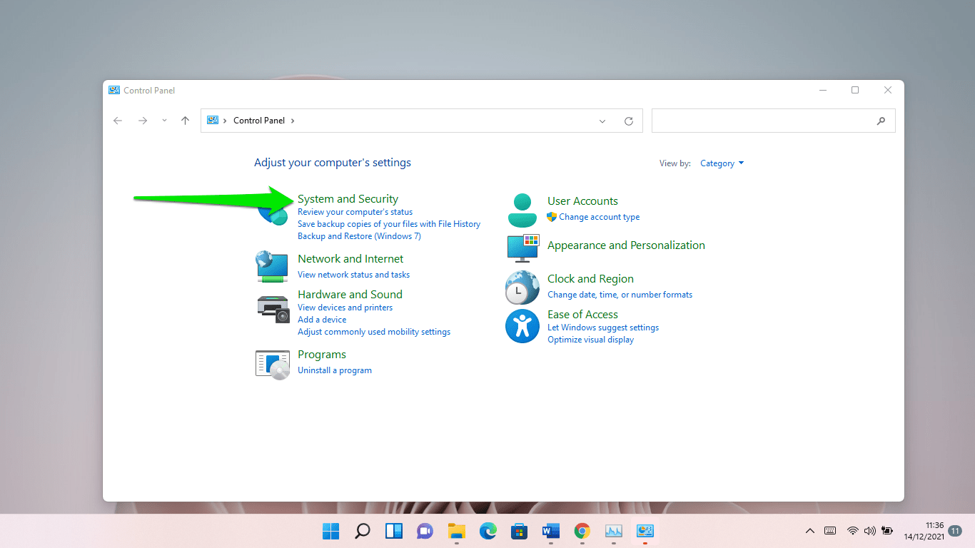Set up System and Security after the Control Panel opens