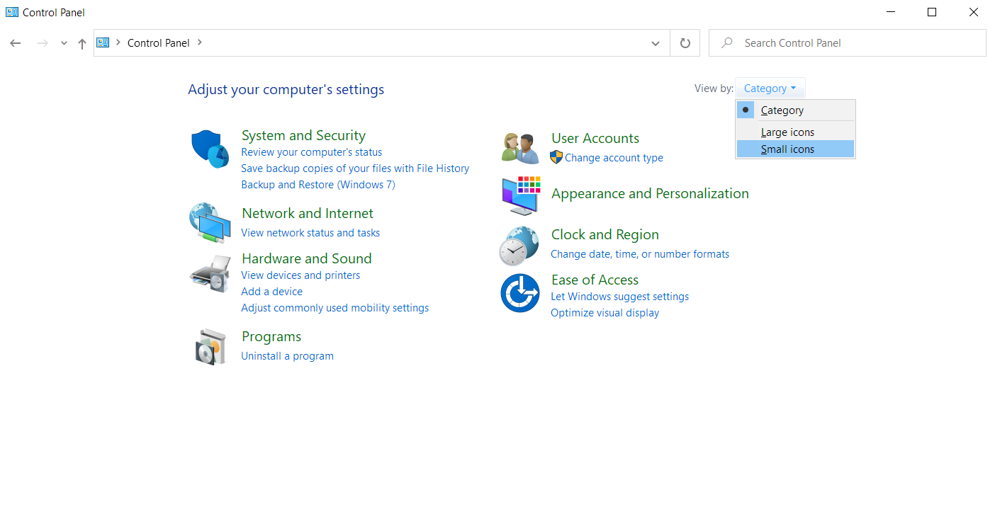Select ‘Small icons’ from the Category menu.