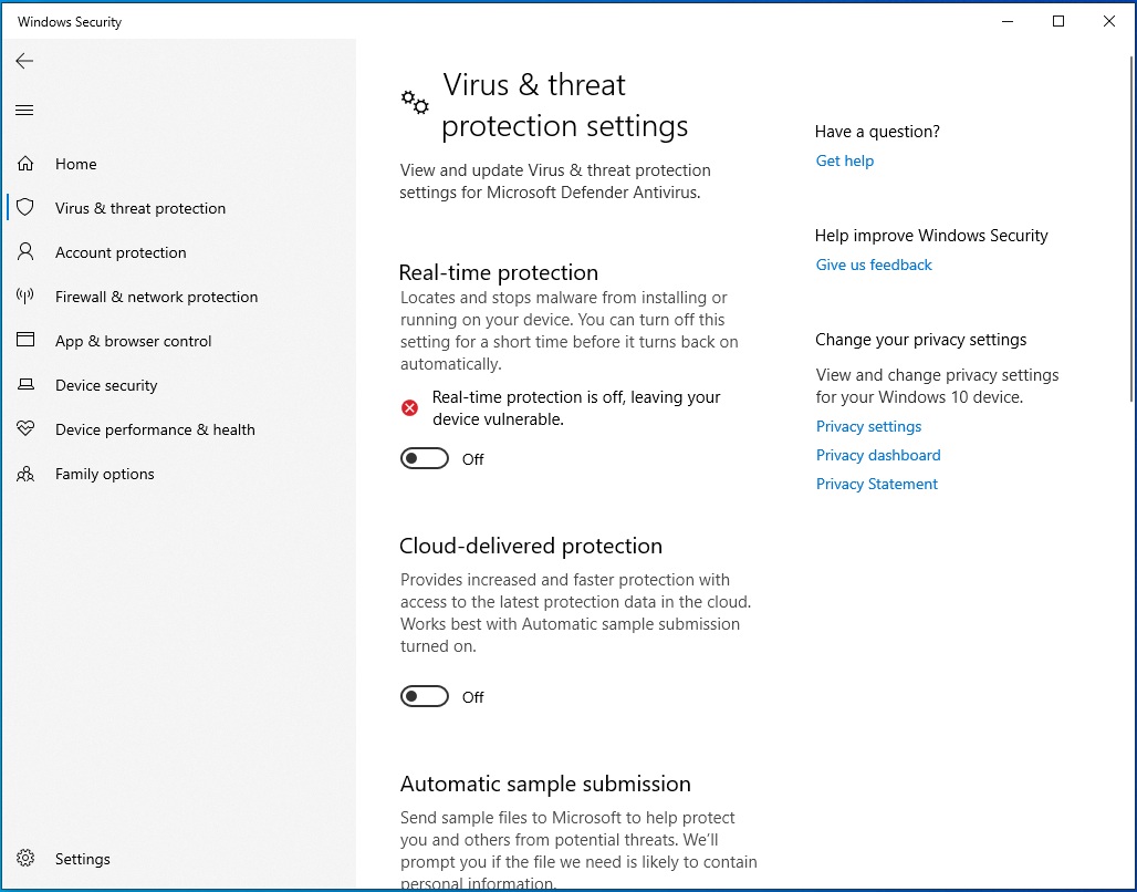 Disable protection options in Settings.