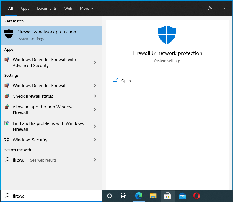 Type “firewall” (without quotes) into the Search box.