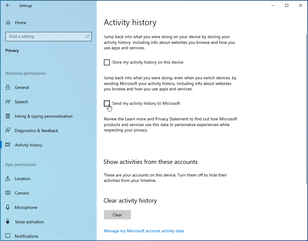 Uncheck the “Send my activity history to Microsoft” option.