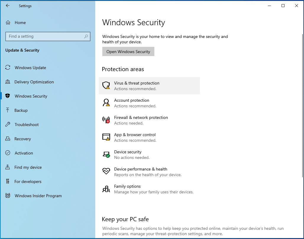 Click “Virus & threat protection” on the right pane.
