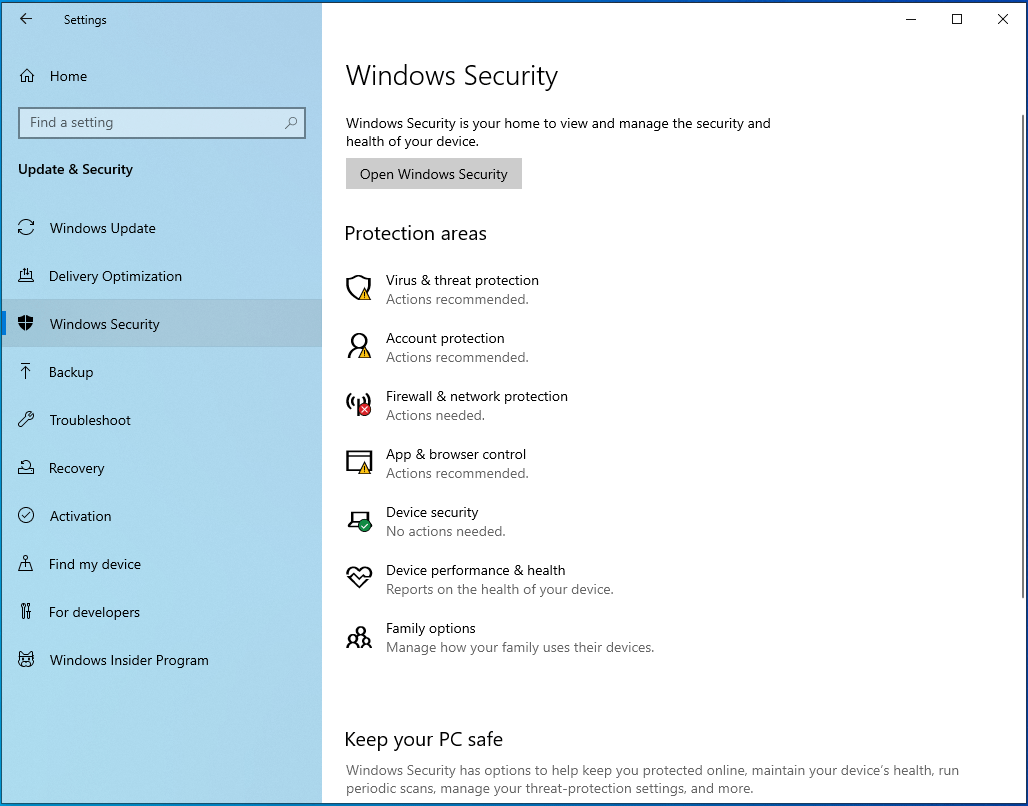 Open Windows Security by clicking it on the left pane.